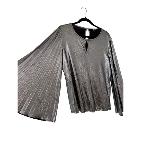 MARINA Tops - Marina Silver Metallic Pleated Bell Sleeve Blouse Size L Glam Party Evening